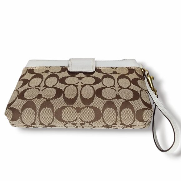 Coach Wristlet Signature Canvas Logo Brass Turnlock Beige Brown White Leather - Picture 7 of 10